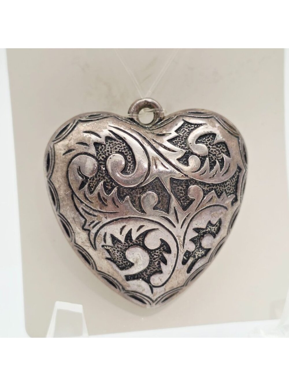 Ornate Silver Plated Heart Pendant Intricate Scrollwork & Puffy Design